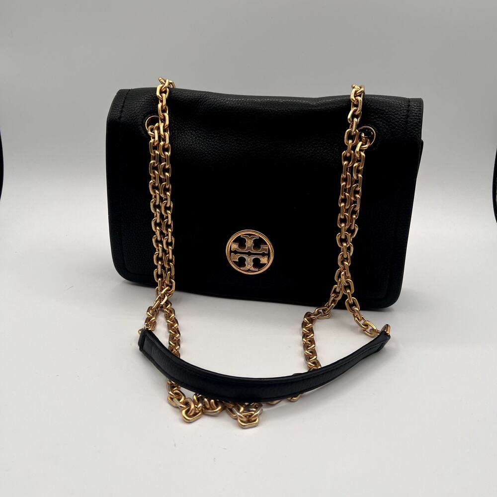 TORY BURCH Black Pebbled Leather Flap Crossbody Bag Gold Chain Strap